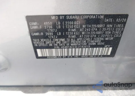 2020 Subaru Outback Premium from USA, damaged, VIN 4S4BTACC3L3193819